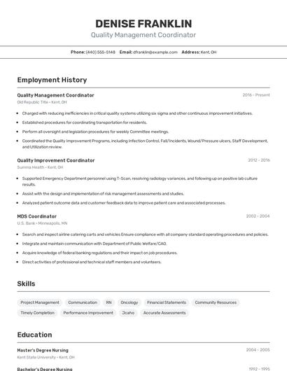 Quality Management Coordinator Resume