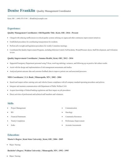 Quality Management Coordinator Resume