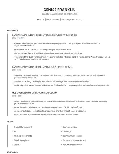 Quality Management Coordinator Resume