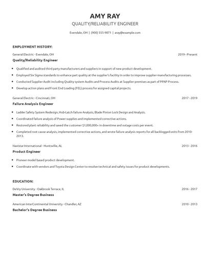 Quality/Reliability Engineer Resume