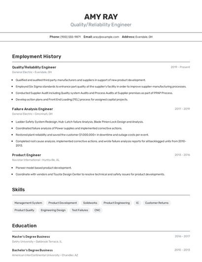 Quality/Reliability Engineer Resume