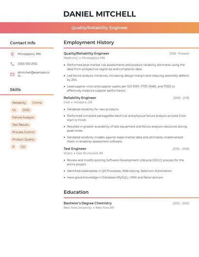 Quality/Reliability Engineer Resume
