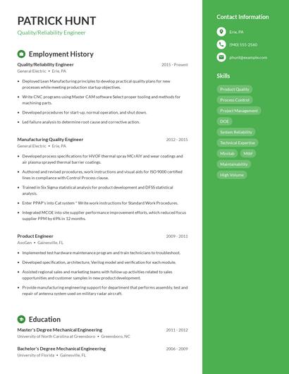 Quality/Reliability Engineer Resume