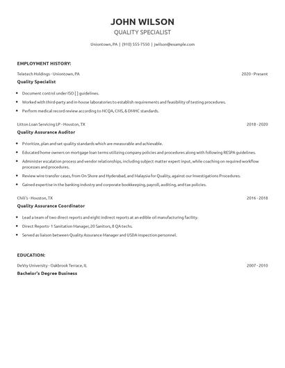 Quality Specialist Resume