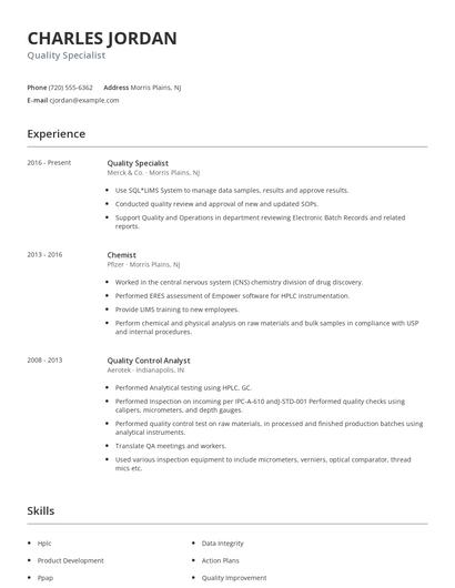 Quality Specialist Resume