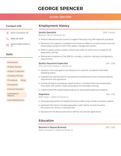 Quality Specialist Resume
