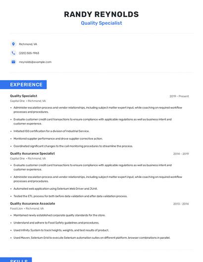 Quality Specialist Resume