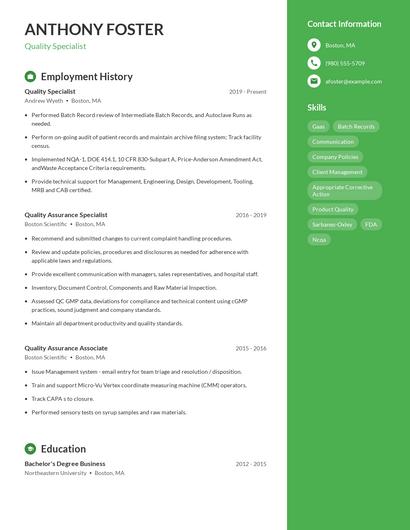 Quality Specialist Resume