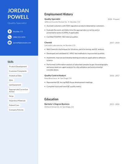 Quality Specialist Resume