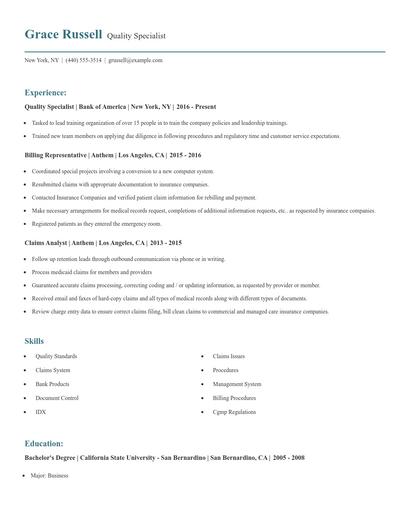 Quality Specialist Resume