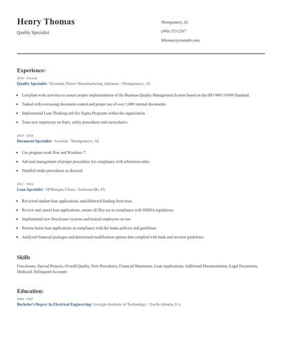 Quality Specialist Resume