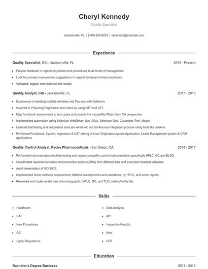 Quality Specialist Resume