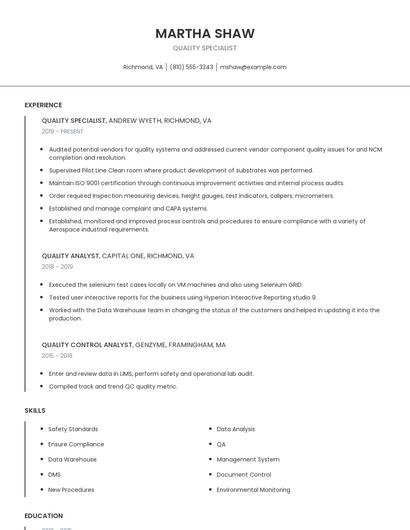 Quality Specialist Resume