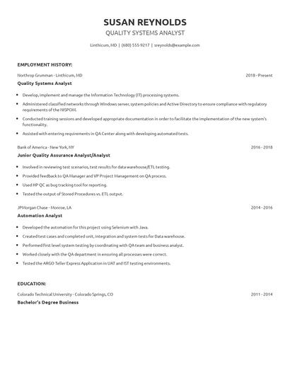 Quality Systems Analyst Resume