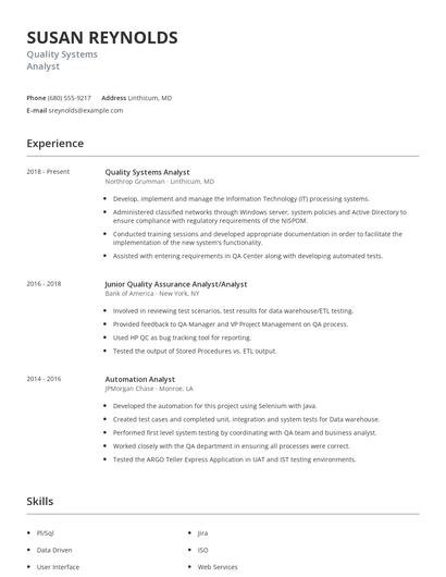 Quality Systems Analyst Resume