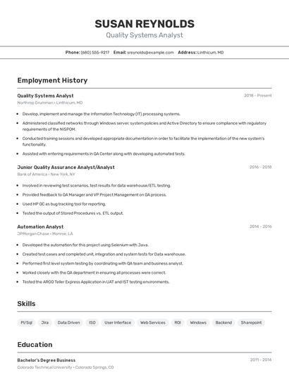 Quality Systems Analyst Resume