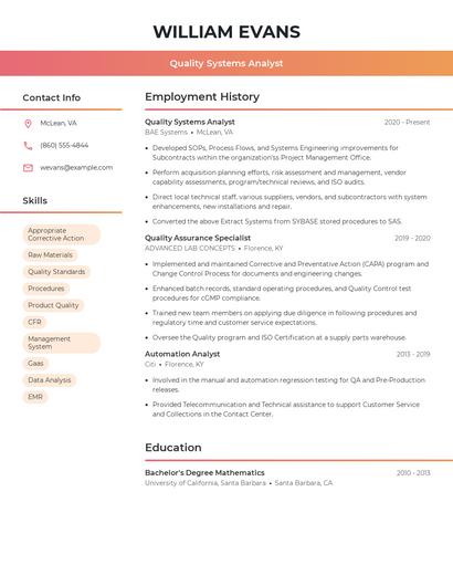 Quality Systems Analyst Resume