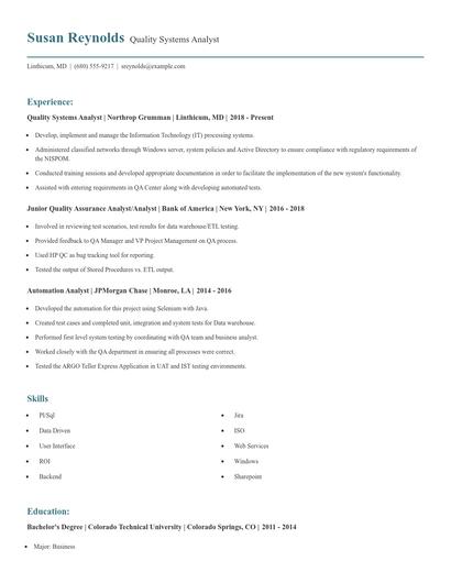 Quality Systems Analyst Resume