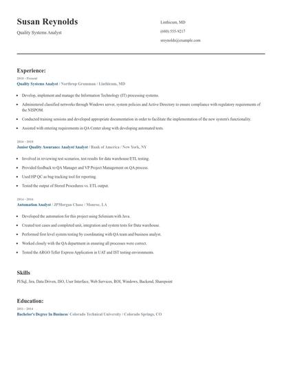 Quality Systems Analyst Resume