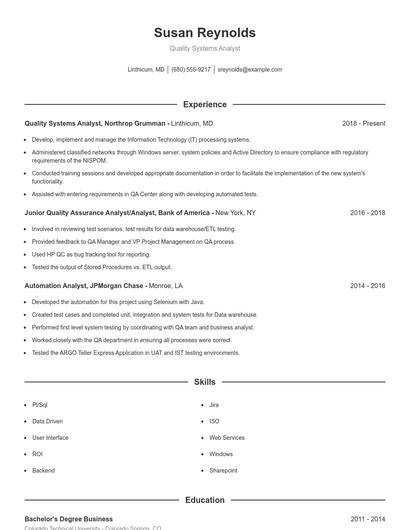 Quality Systems Analyst Resume