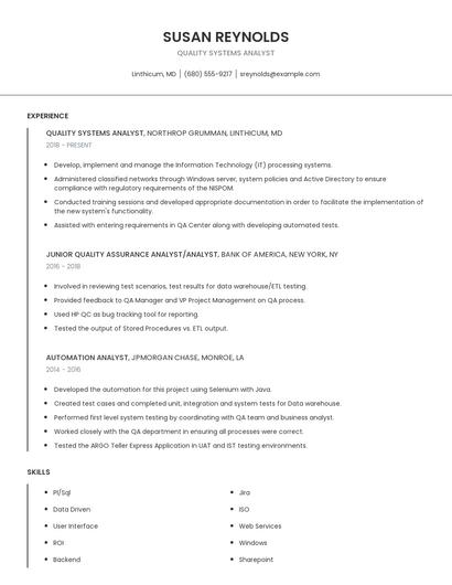 Quality Systems Analyst Resume