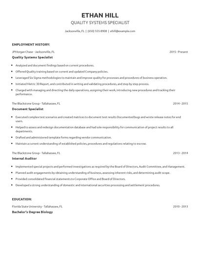 Quality Systems Specialist Resume