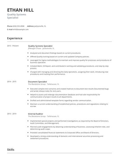 Quality Systems Specialist Resume