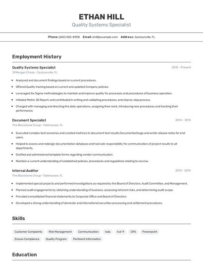 Quality Systems Specialist Resume