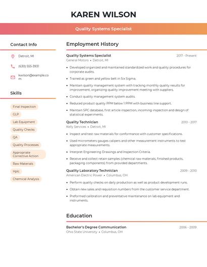 Quality Systems Specialist Resume
