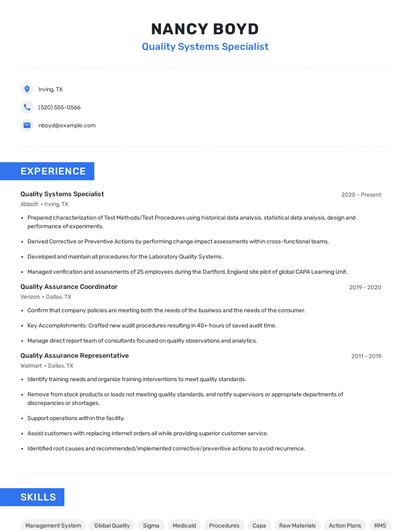 Quality Systems Specialist Resume