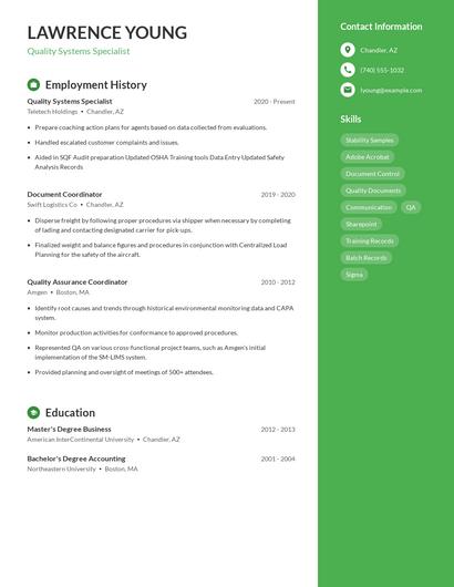 Quality Systems Specialist Resume