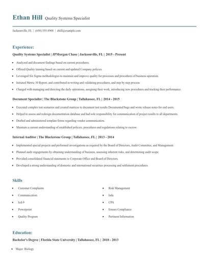 Quality Systems Specialist Resume