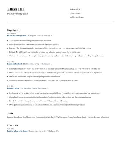 Quality Systems Specialist Resume