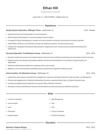 Quality Systems Specialist Resume