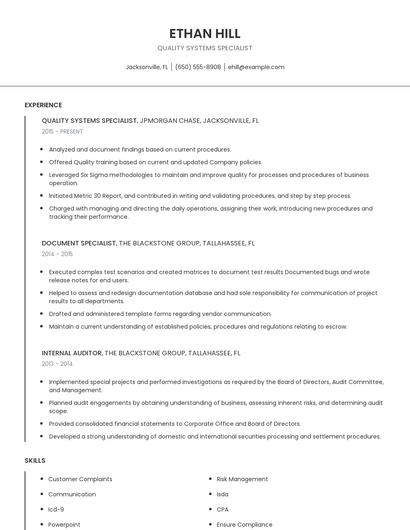 Quality Systems Specialist Resume