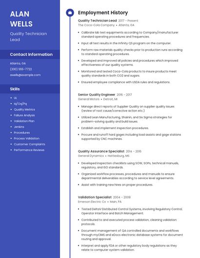 Quality Technician Lead Resume