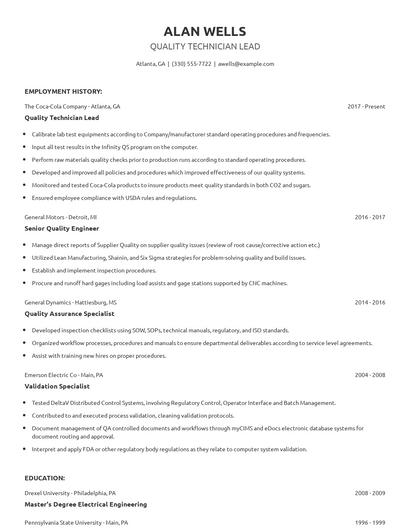 Quality Technician Lead Resume