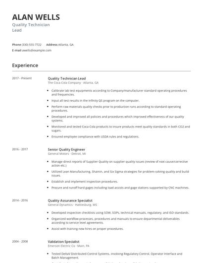Quality Technician Lead Resume