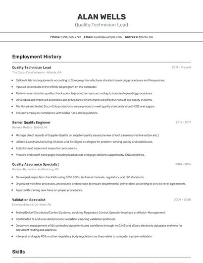 Quality Technician Lead Resume