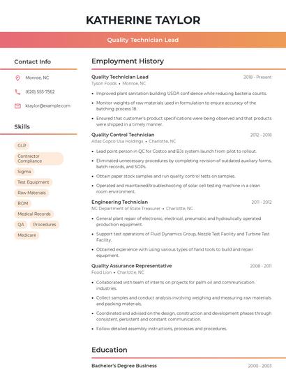 Quality Technician Lead Resume