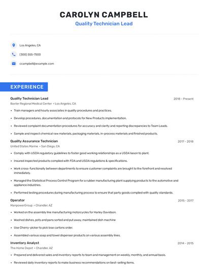 Quality Technician Lead Resume