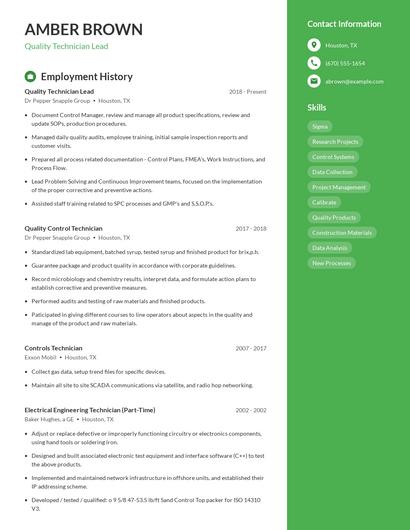 Quality Technician Lead Resume