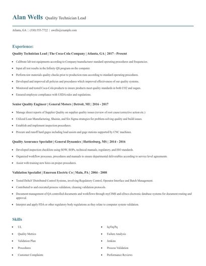 Quality Technician Lead Resume