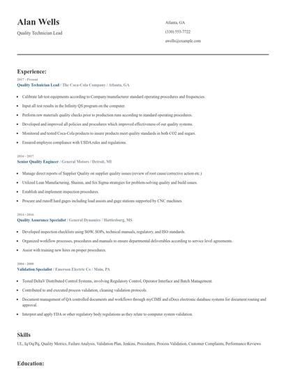 Quality Technician Lead Resume