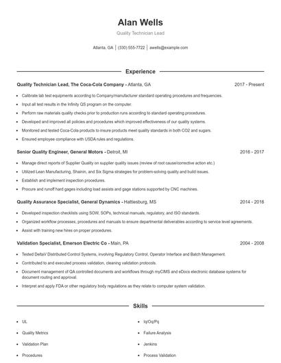 Quality Technician Lead Resume