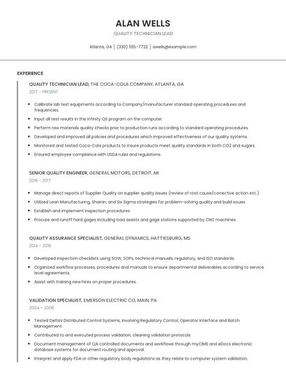 Quality Technician Lead Resume