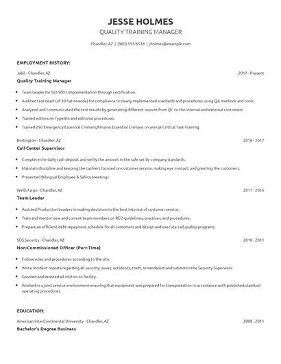 Quality Training Manager Resume