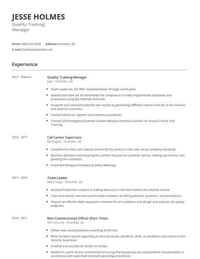 Quality Training Manager Resume