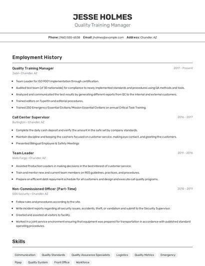 Quality Training Manager Resume