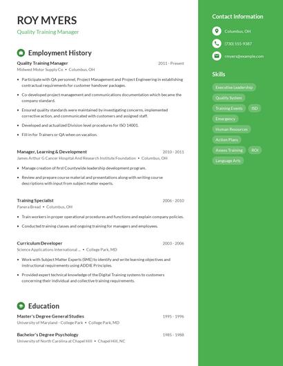 Quality Training Manager Resume